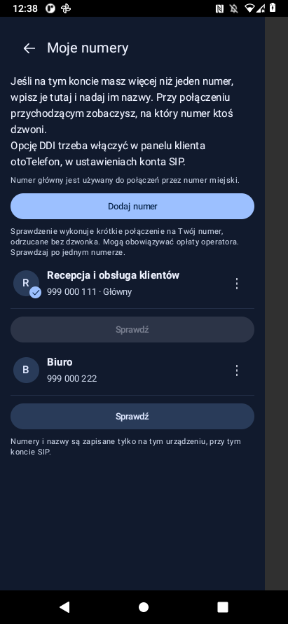 Moje numery w bitCallerze: Recepcja i obsługa klientów oraz Biuro.