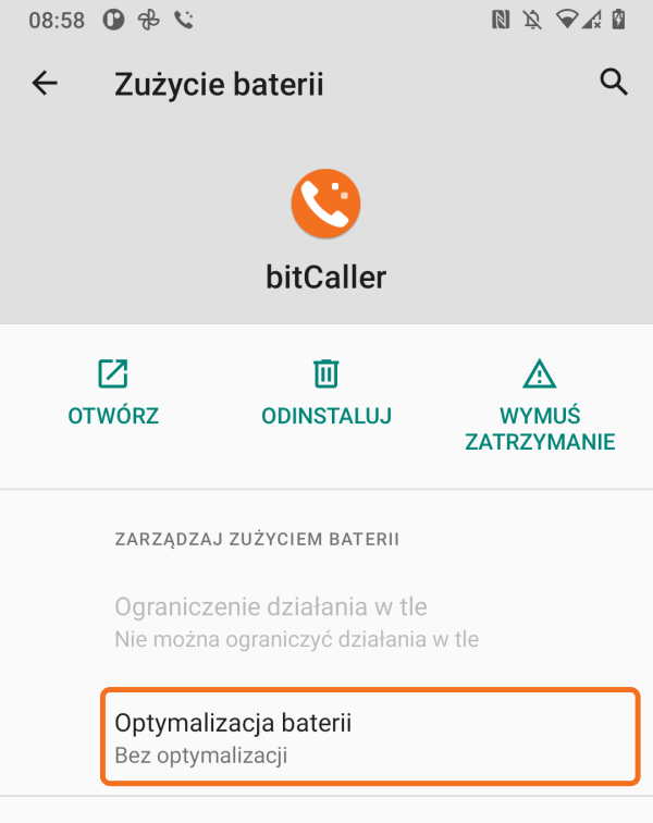 Optymalizacja baterii bitCallera ze stanem Bez optymalizacji