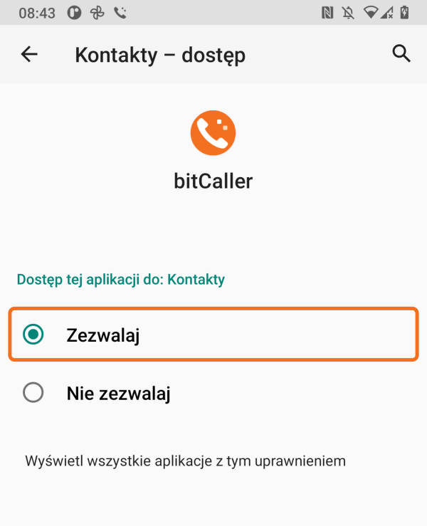 Uprawnienie Kontakty z zaznaczoną opcją Zezwalaj