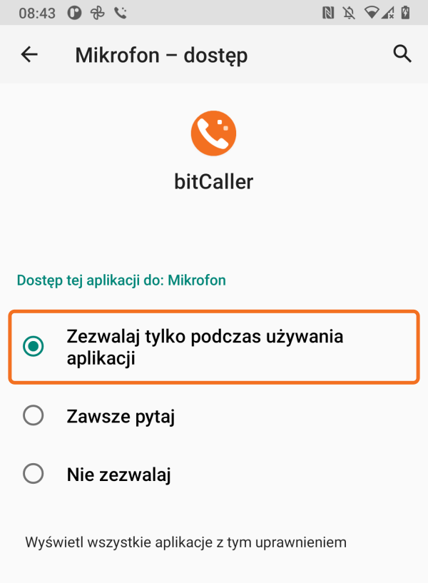Uprawnienie Mikrofon z zaznaczoną zgodą podczas używania aplikacji