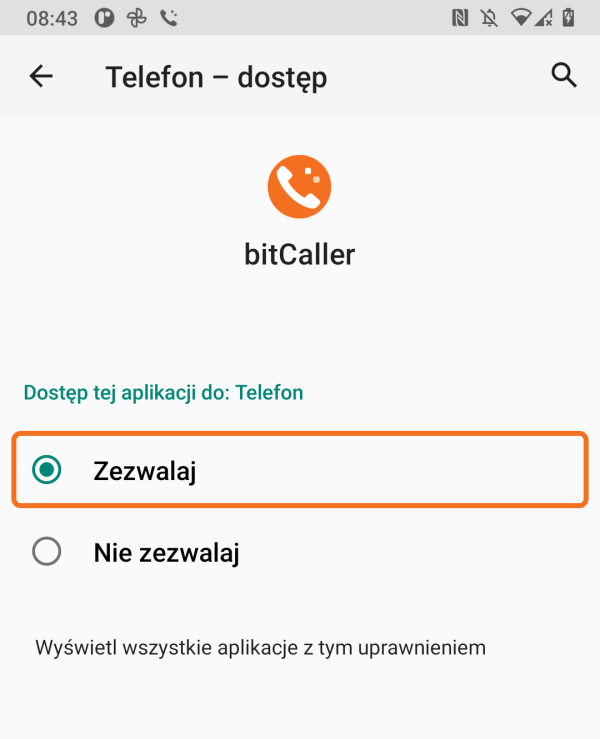 Uprawnienie Telefon z zaznaczoną opcją Zezwalaj