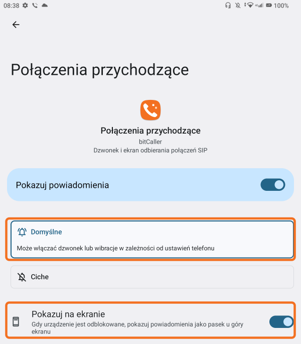 Kategoria połączeń z zaznaczonymi Domyślne i Pokazuj na ekranie