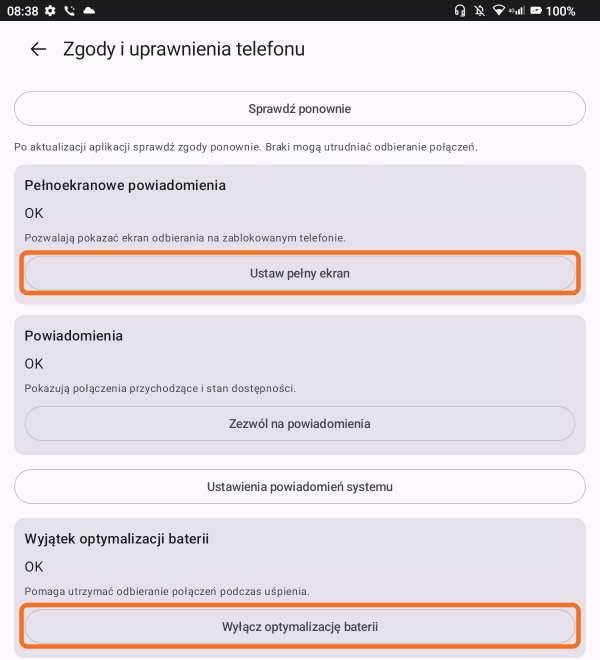 Przyciski Ustaw pełny ekran i Wyłącz optymalizację baterii w bitCallerze